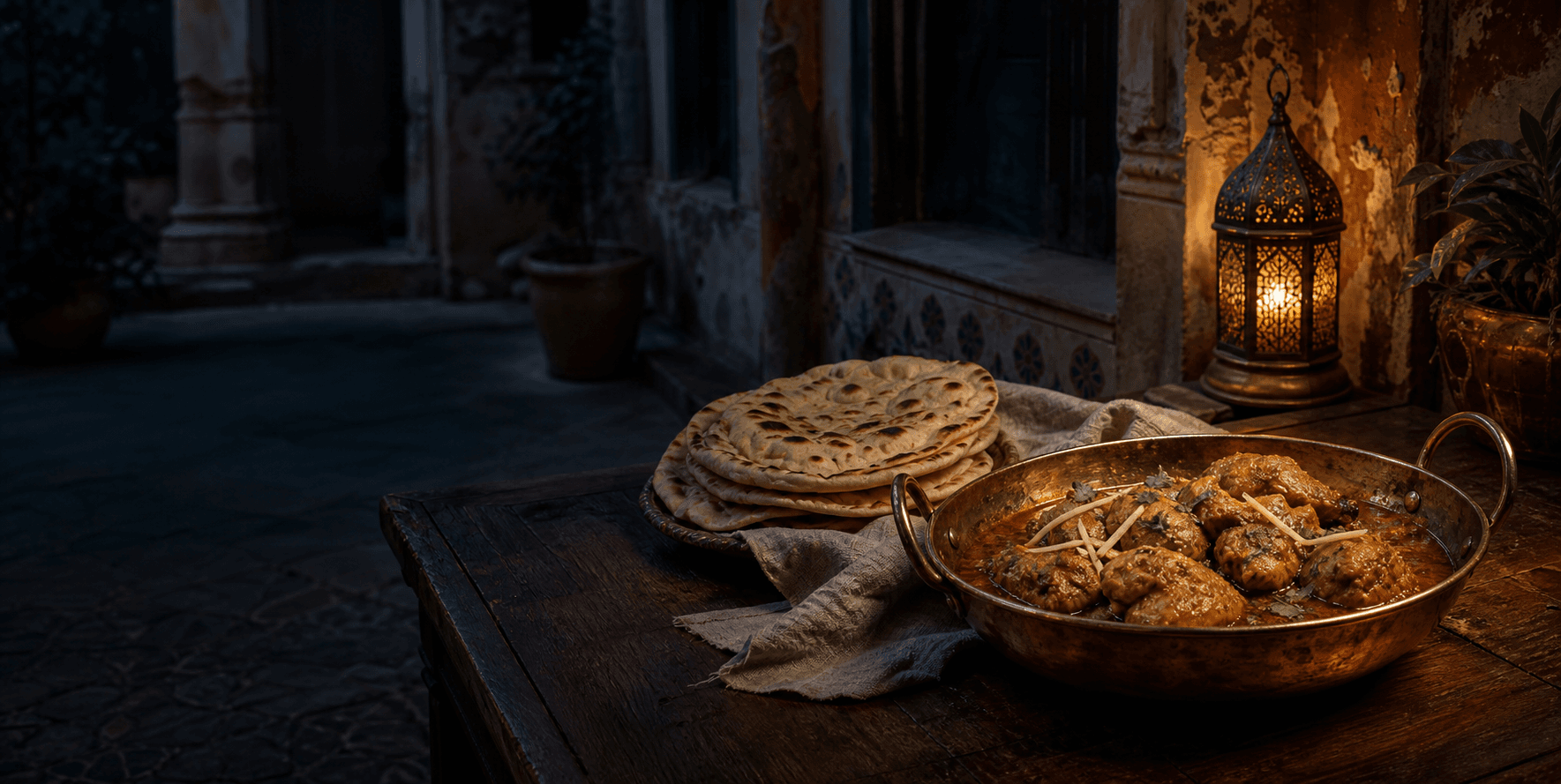 Chicken karahi and naan at a lantern-lit Lahore courtyard table
